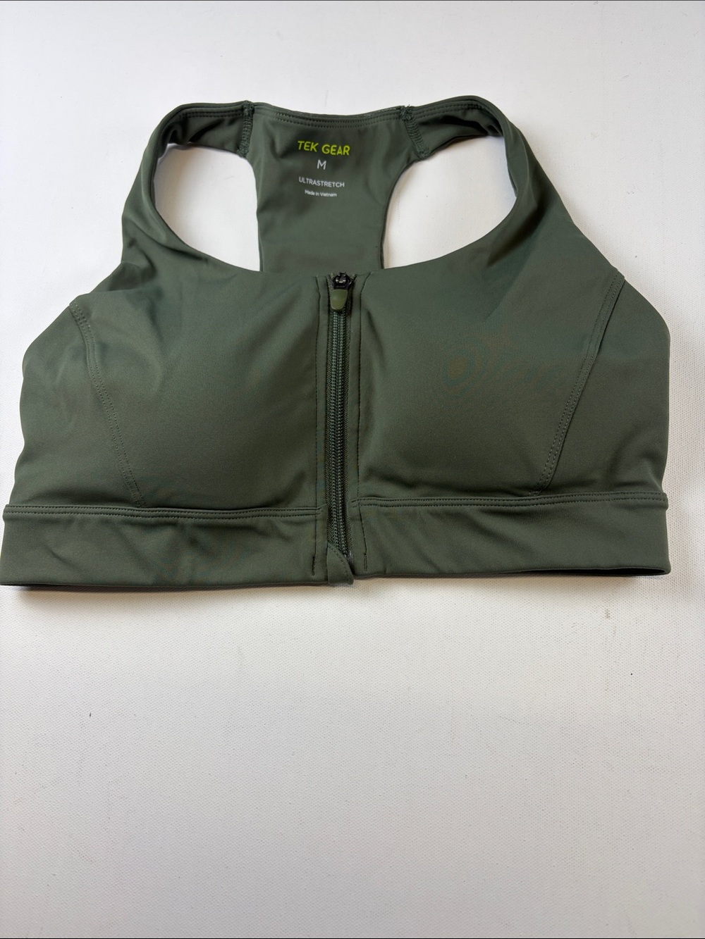 TEX GEAR ULTRASTRETCH OLIVE ZIP FRINT MEDIUM SPORTS BRA SIZE MEDIUM